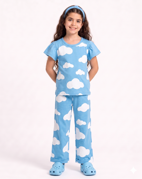Frill Sleeves The Cloudy Themed Cotton Trouser Set (Sky Blue)