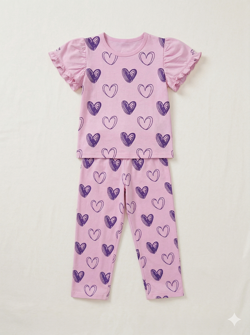 Frill Sleeves Heart Boom Cotton Short Set (Baby Pink)