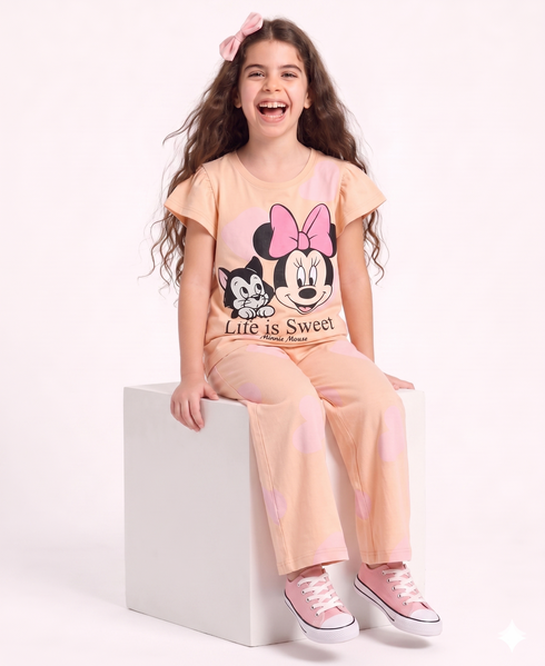 Frill Sleeves Minnie Themed Cotton Trouser Set (Light Peach)