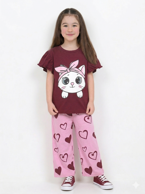 Frill Sleeves Cute Little kitty Cotton Trouser Set (Maroon & Pink)