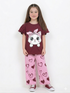 Frill Sleeves Cute Little kitty Cotton Trouser Set (Maroon & Pink)