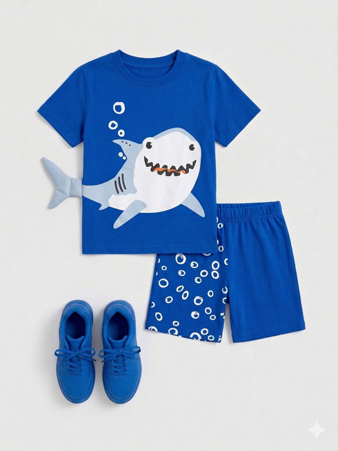 Happy Shark Cotton Short Set (Royal Blue)