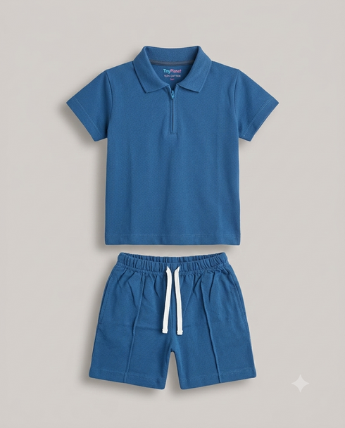 Classic Zip Polo Set (Oxford Blue)