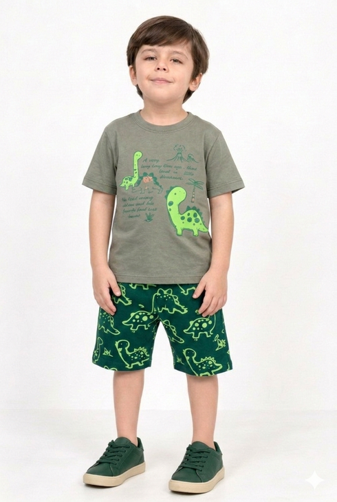 Neon Dino Squad Cotton Short Set (Moss grey & Forest Green)