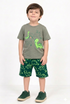 Neon Dino Squad Cotton Short Set (Moss grey & Forest Green)