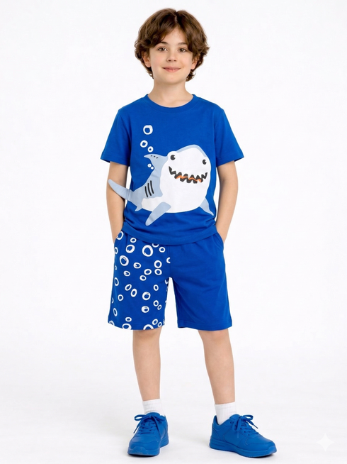 Happy Shark Cotton Short Set (Royal Blue)