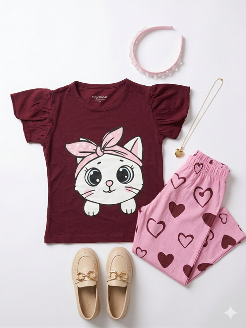 Frill Sleeves Cute Little kitty Cotton Trouser Set (Maroon & Pink)