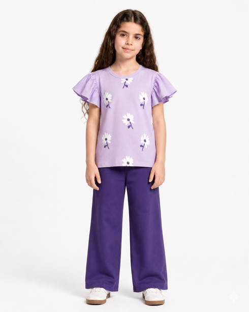 Frill Sleeves Floral Themed Cotton Trouser Set (Lilac & Purple)