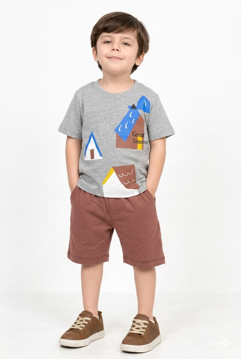Adventure Patch Cotton Short Set (Ash Grey & Cocoa Brown)