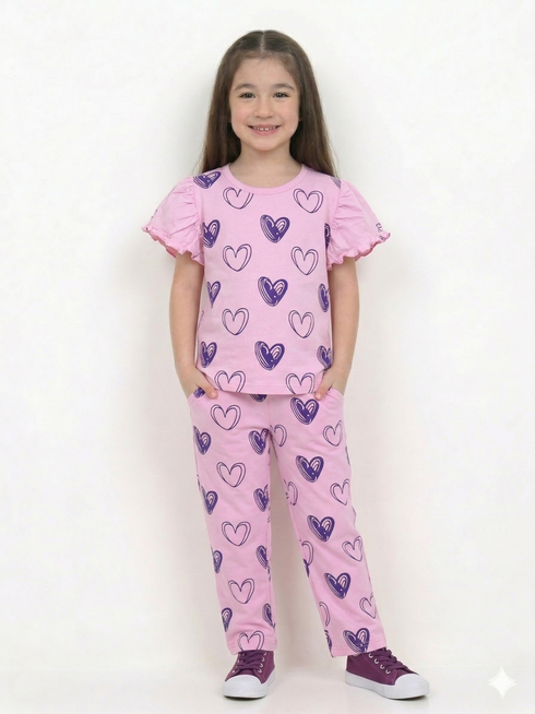 Frill Sleeves Heart Boom Cotton Short Set (Baby Pink)