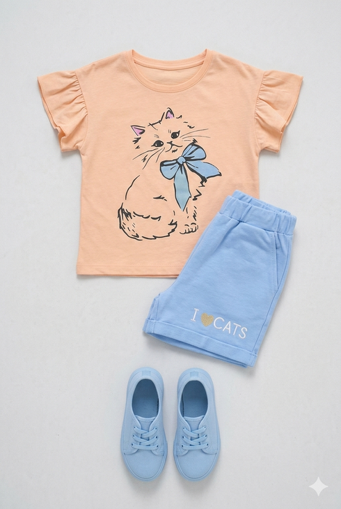 Frill Sleeves Kitty Charm Cotton Short Set (Peach & Sky Blue)