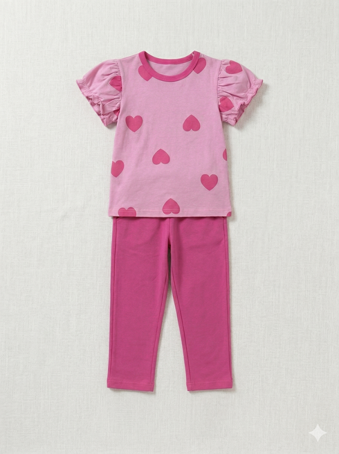 Frill Sleeves Candy Heart Cotton Trouser Set (Rose Pink)