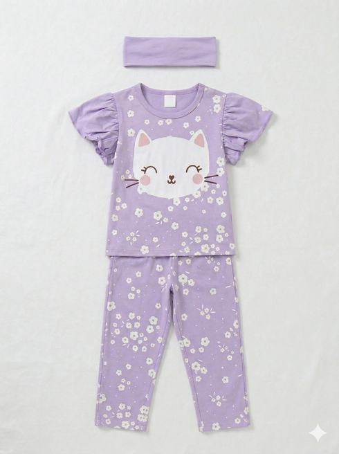 Frill Sleeves Happy Kitty Cotton Trouser Set (Lilac)