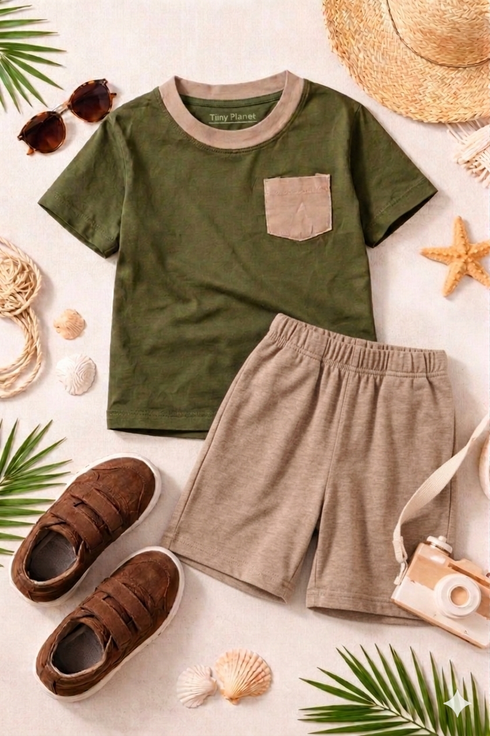 Pocket Ranger Cotton Short Set (Army Green & Beige)