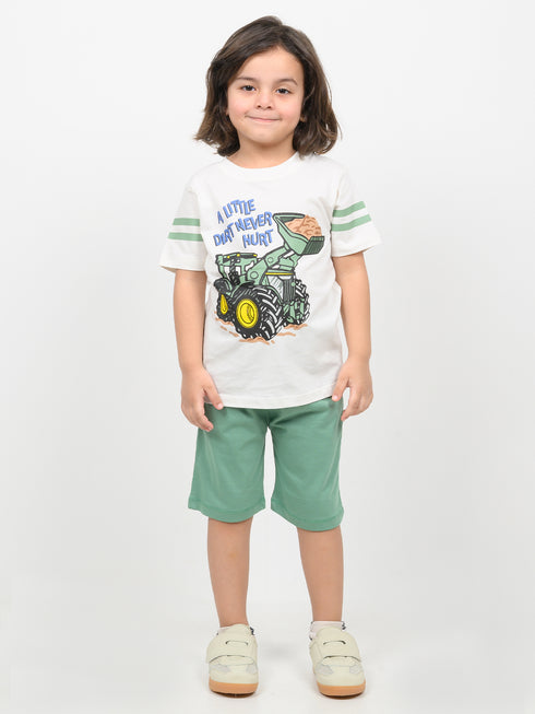 Little Tractor Cotton Short Set (White & Green)