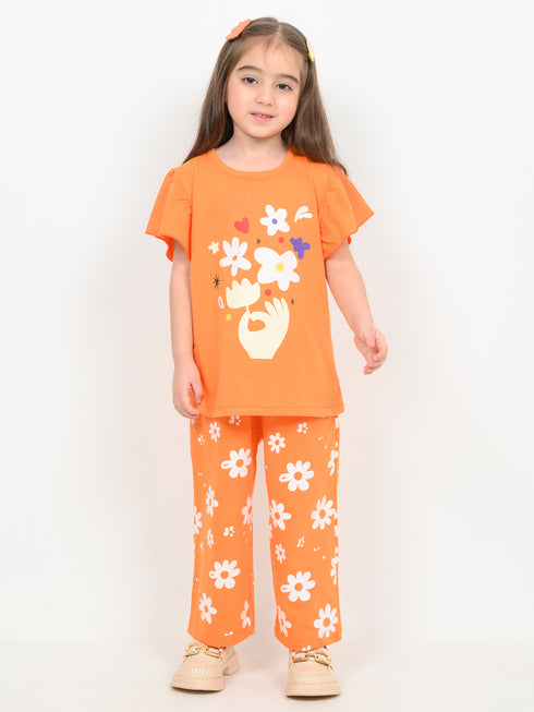 Frill Sleeves Tangerine Bloom Cotton Trouser Set (Orange)