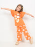 Frill Sleeves Tangerine Bloom Cotton Trouser Set (Orange)