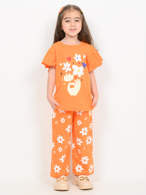 Frill Sleeves Tangerine Bloom Cotton Trouser Set (Orange)