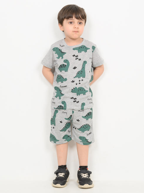 Mini Jurassic Themed Cotton Short Set (Ash Grey)