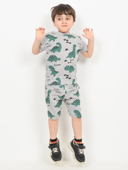 Mini Jurassic Themed Cotton Short Set (Ash Grey)