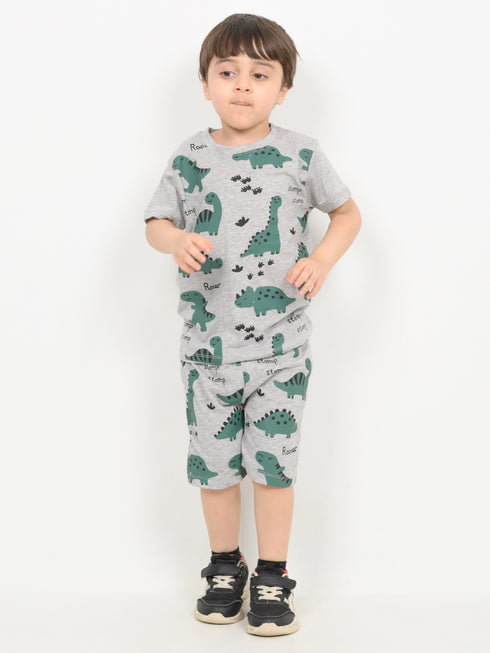Mini Jurassic Themed Cotton Short Set (Ash Grey)