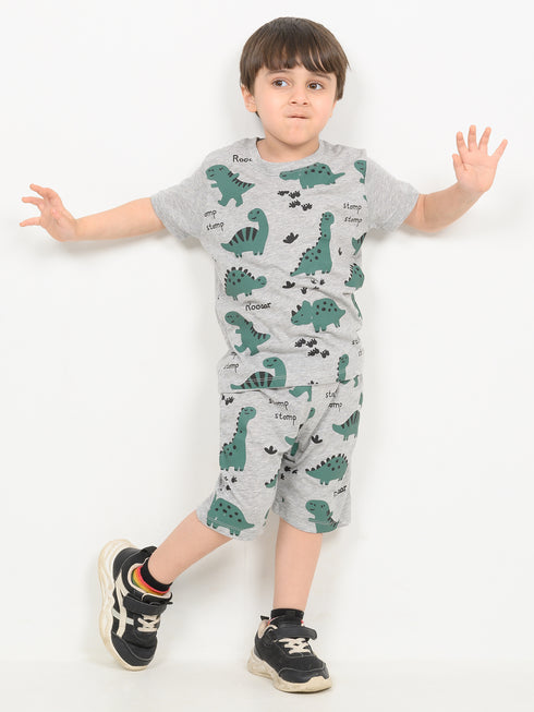 Mini Jurassic Themed Cotton Short Set (Ash Grey)