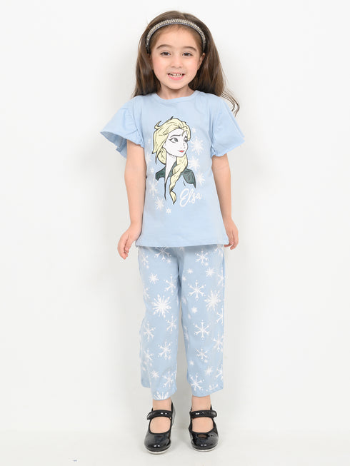 Frill Sleeves Ice Queen Cotton Trouser Set (Sky Blue)