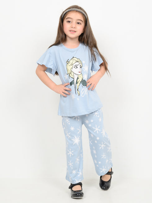 Frill Sleeves Ice Queen Cotton Trouser Set (Sky Blue)