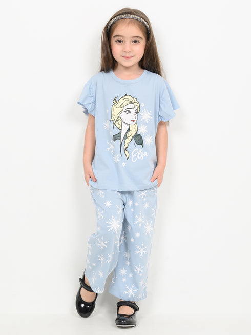 Frill Sleeves Ice Queen Cotton Trouser Set (Sky Blue)