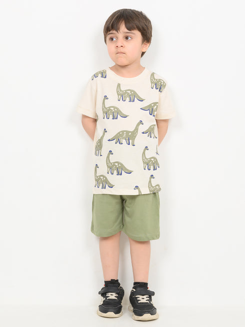 Safari Dino Cotton Short Set (Cream & Olive)