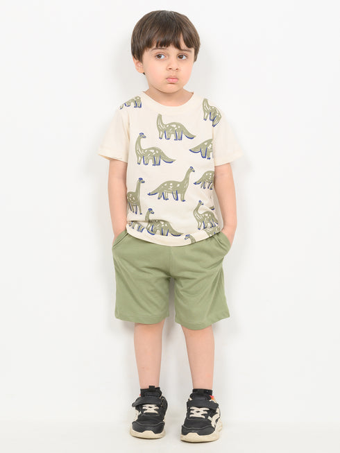 Safari Dino Cotton Short Set (Cream & Olive)