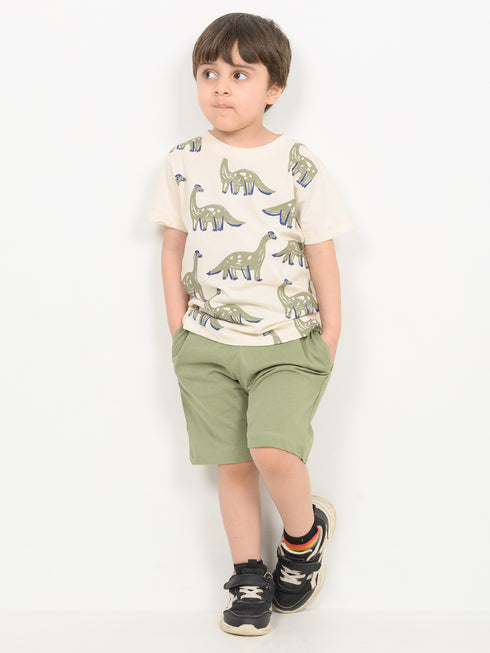 Safari Dino Cotton Short Set (Cream & Olive)