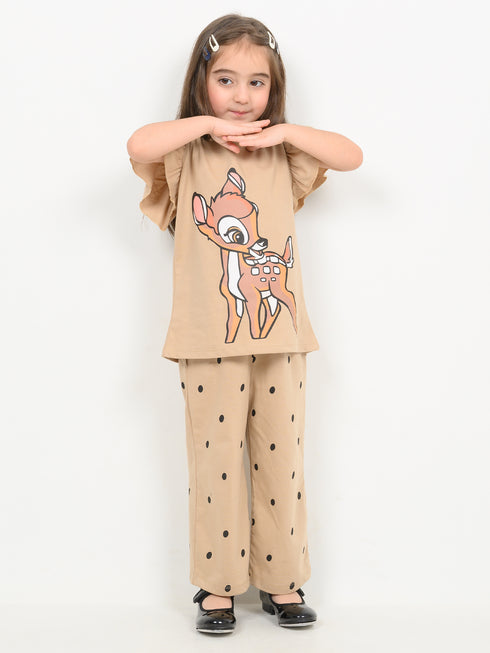 Frill Sleeves The Bambi & Dots Cotton Trouser Set (Beige)