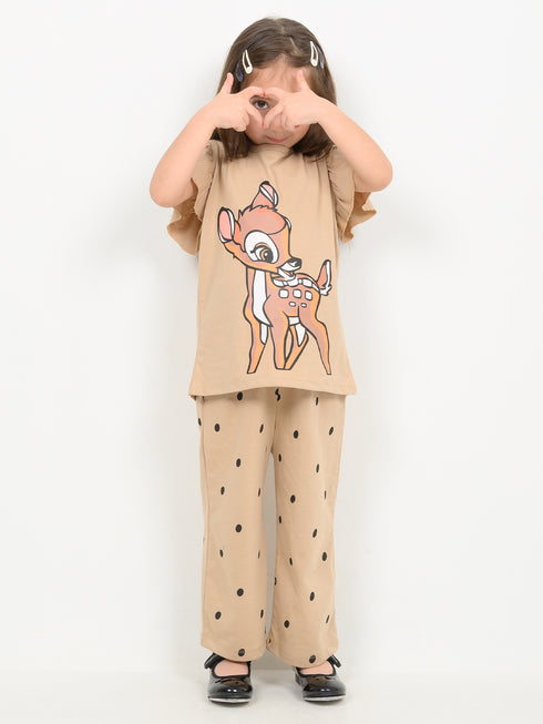 Frill Sleeves The Bambi & Dots Cotton Trouser Set (Beige)