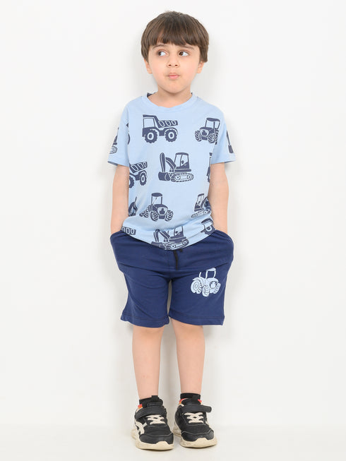 Little Builder Boss Cotton Short Set (Sky & Navy Blue)