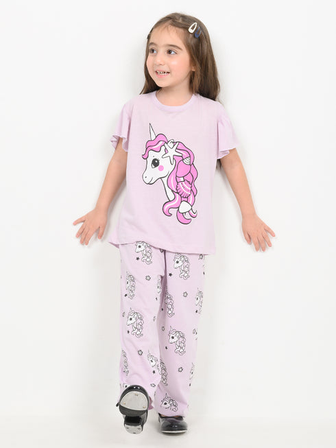 Frill Sleeves Unicorn Themed Cotton Trouser Set (Lilac)