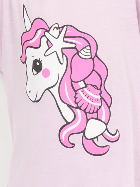 Frill Sleeves Unicorn Themed Cotton Trouser Set (Lilac)