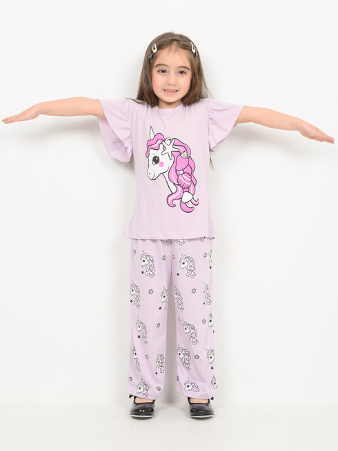 Frill Sleeves Unicorn Themed Cotton Trouser Set (Lilac)