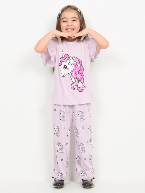 Frill Sleeves Unicorn Themed Cotton Trouser Set (Lilac)