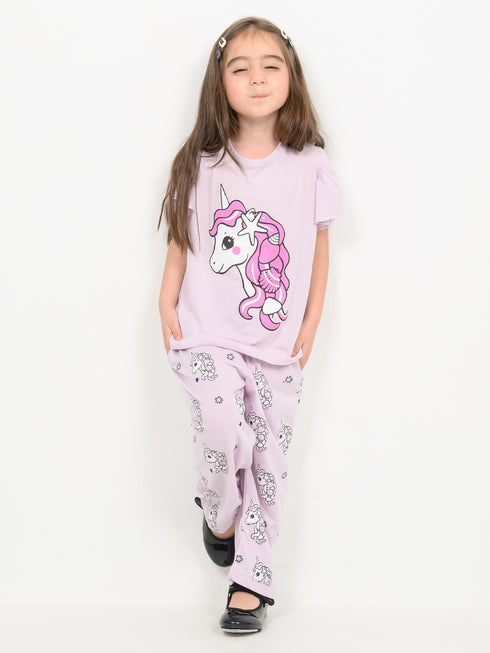 Frill Sleeves Unicorn Themed Cotton Trouser Set (Lilac)