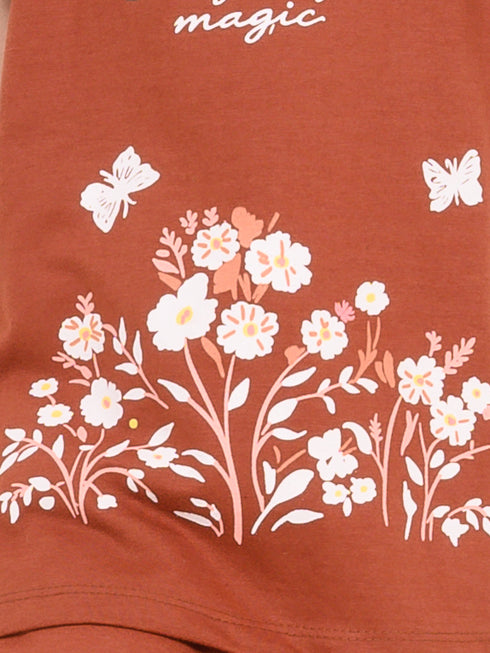 Frill Sleeves Rustic Bloom Cotton Trouser Set (Terracotta)