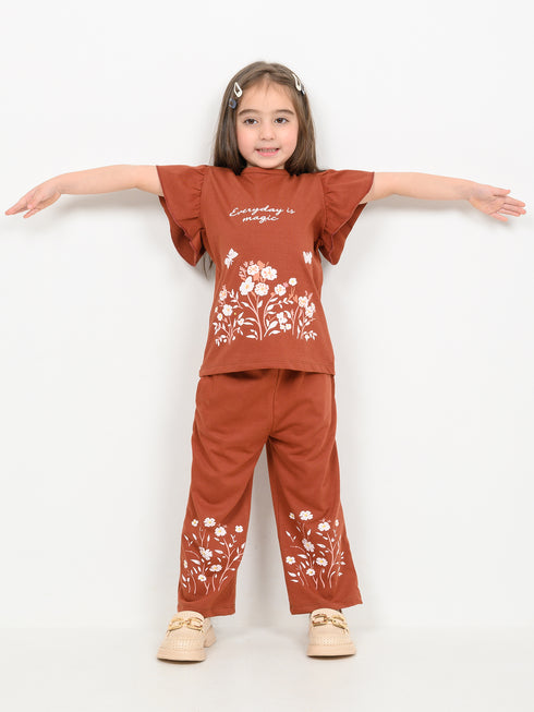 Frill Sleeves Rustic Bloom Cotton Trouser Set (Terracotta)