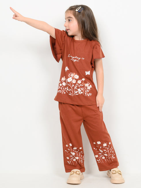 Frill Sleeves Rustic Bloom Cotton Trouser Set (Terracotta)