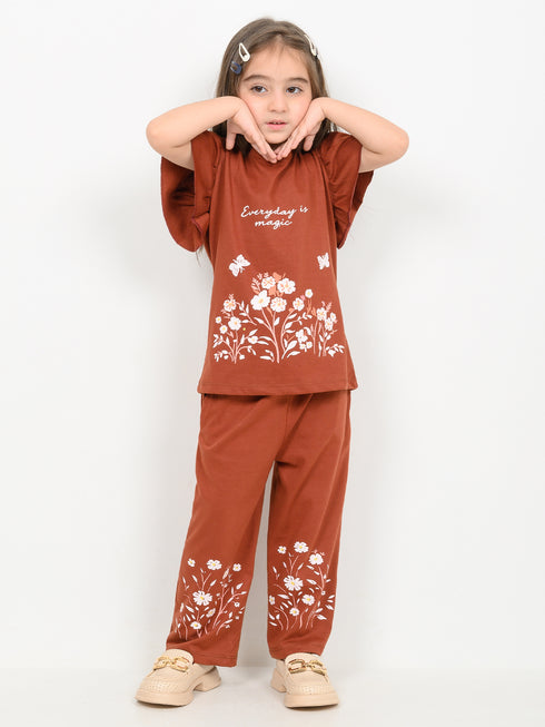Frill Sleeves Rustic Bloom Cotton Trouser Set (Terracotta)