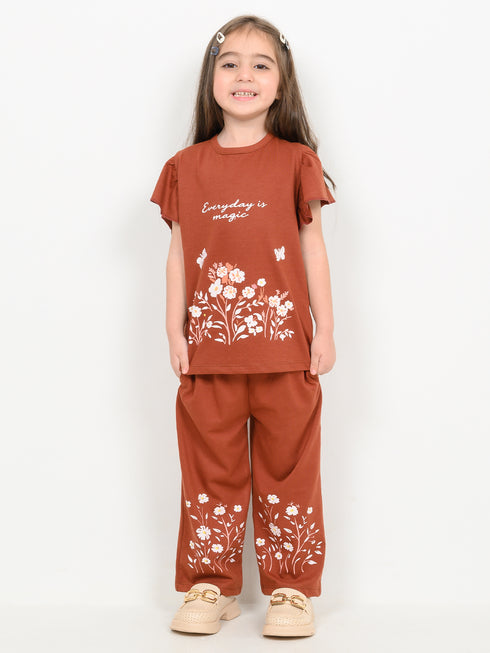 Frill Sleeves Rustic Bloom Cotton Trouser Set (Terracotta)