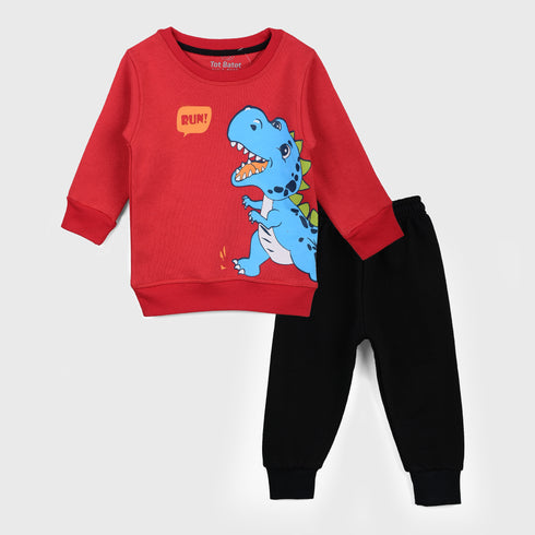 Fleece Dinosaur Printed Tracksuit (Red)