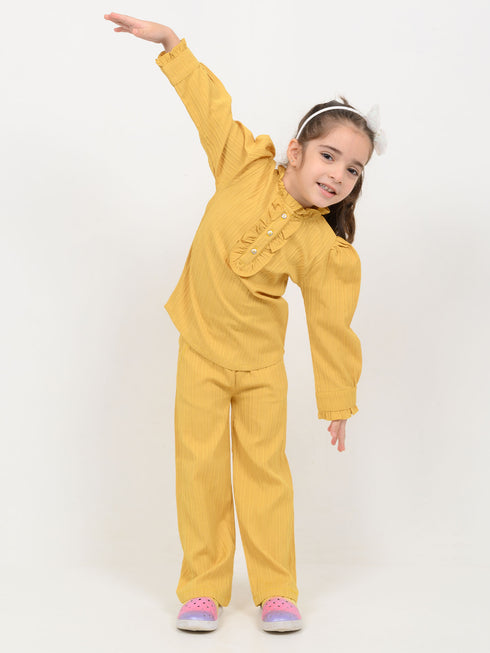 Imported Textured Wash & Wear Classic Ruffle 2 Piece Set (Mustard)