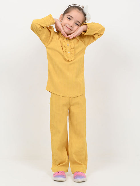 Imported Textured Wash & Wear Classic Ruffle 2 Piece Set (Mustard)