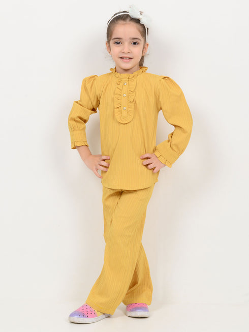 Imported Textured Wash & Wear Classic Ruffle 2 Piece Set (Mustard)