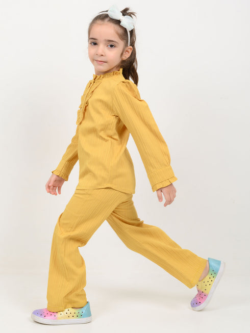 Imported Textured Wash & Wear Classic Ruffle 2 Piece Set (Mustard)
